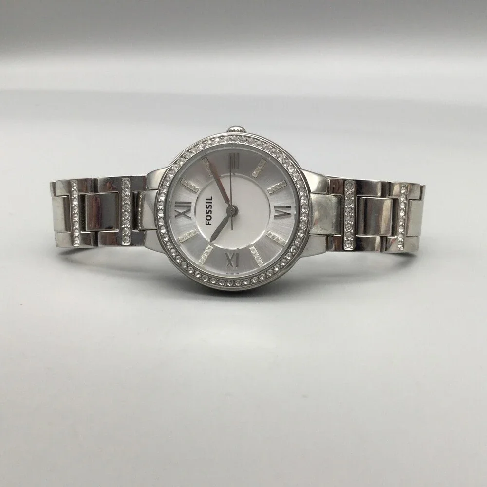 Fossil Womens Watch 29mm Silver Tone Crystals Stainless ES3292 New Battery 6.25